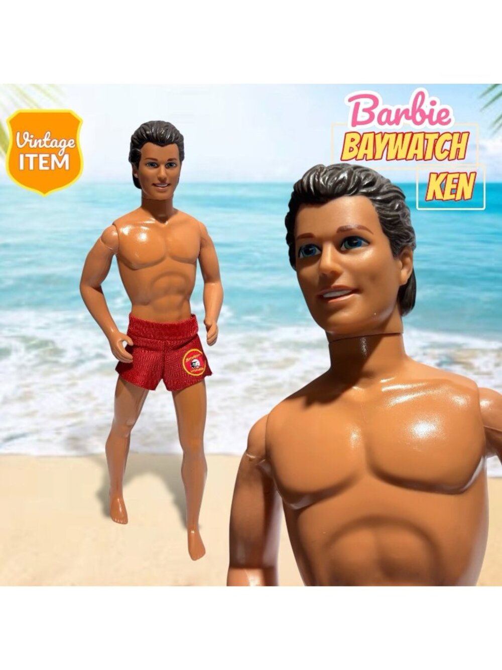 Vintage 1994 Mattel Baywatch Ken David Hasselhoff Lifeguard Doll. RARE!